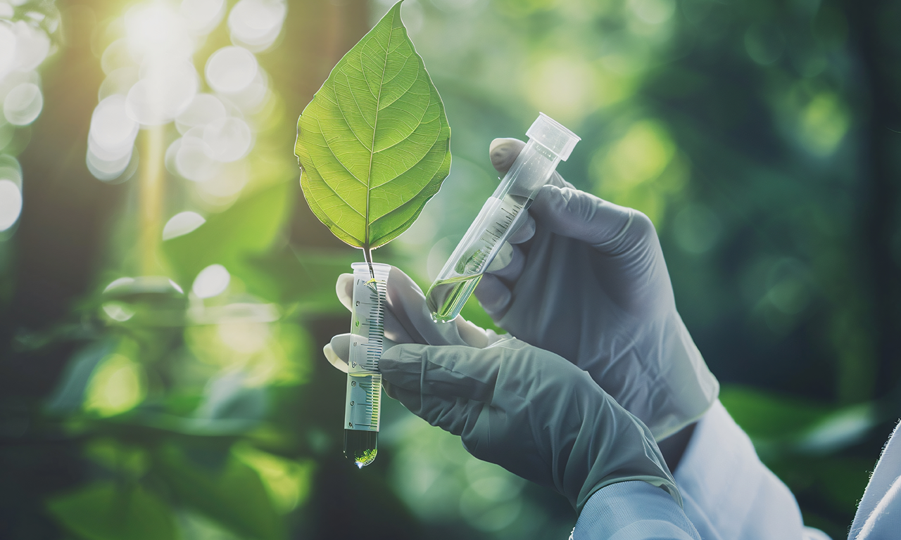 Mãos com luvas de laboratório segurando um tubo de ensaio e uma folha verde, representando a pesquisa científica em sustentabilidade ambiental e química verde.