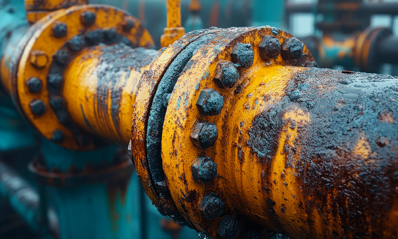 Close-up de um cano industrial corroído com parafusos enferrujados, destacando a necessidade de proteção contra corrosão em ambientes industriais.