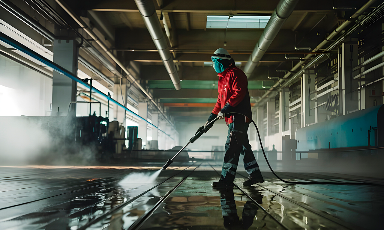 Trabalhador industrial utilizando equipamento de alta pressão para limpeza do chão de uma fábrica, representando eficiência em limpeza industrial com produtos especializados.